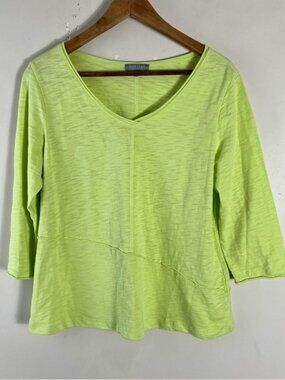 Habitat Green/Yellow Boxy V-Neck 3/4 Sleeve Top Size Small Lagenlook Art To wear